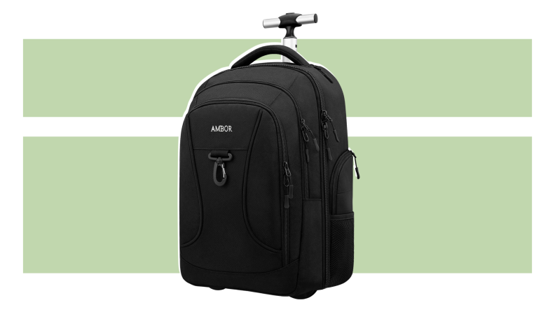 The Ambor Rolling backpack on a green background.