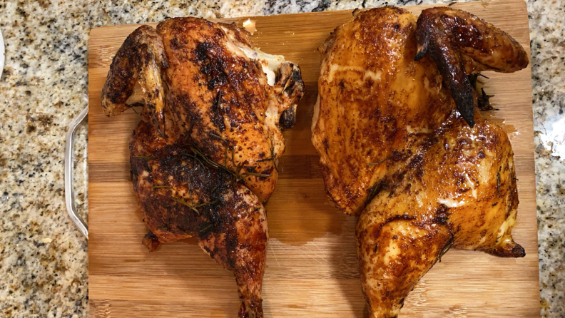 The half of the chicken roasted in my range (left) tasted less tender and juicy than the other half cooked in the sous vide oven (right).