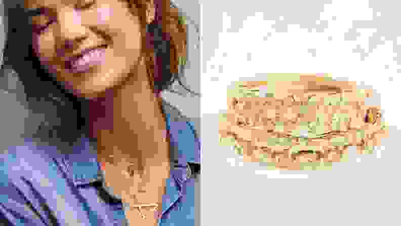On the left, a smiling model in a denim overshirt wears several golden necklaces. To the right, a piece of jewelry is shown in close-up, emphasizing its many small diamonds.