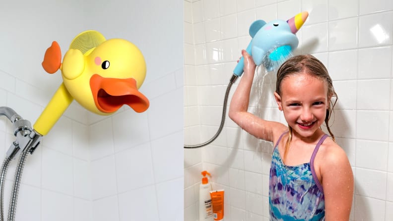 Split screen: On left, a rubber ducky-looking device fitted over a showerhead. On right, a child using a handheld showerhead with similar device.
