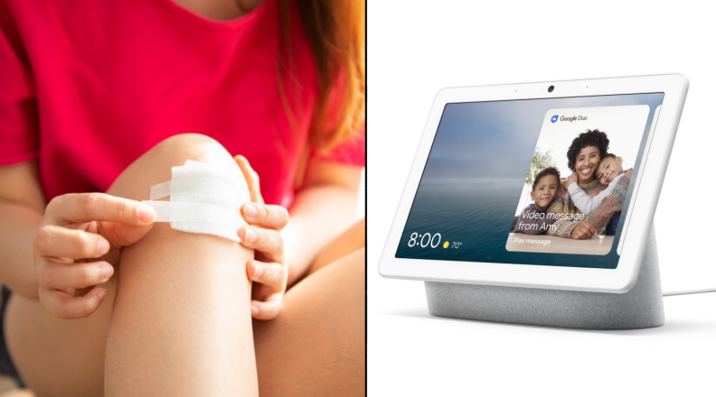Woman placing bandaid on knee and Google Nest Max Hub