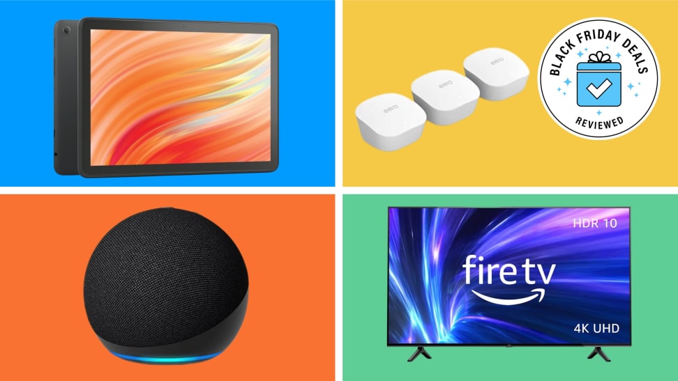 Four Amazon devices with the Black Friday Deals Reviewed badge in front of colored backgrounds.