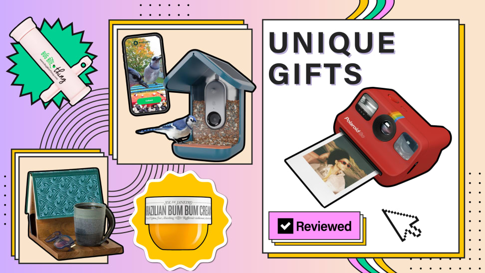 A collage with pictures of an instant Polaroid camera, a smart bird feeder, a Bug Bite Thing suction tool, a book nook, and the words, "Best unique gifts."
