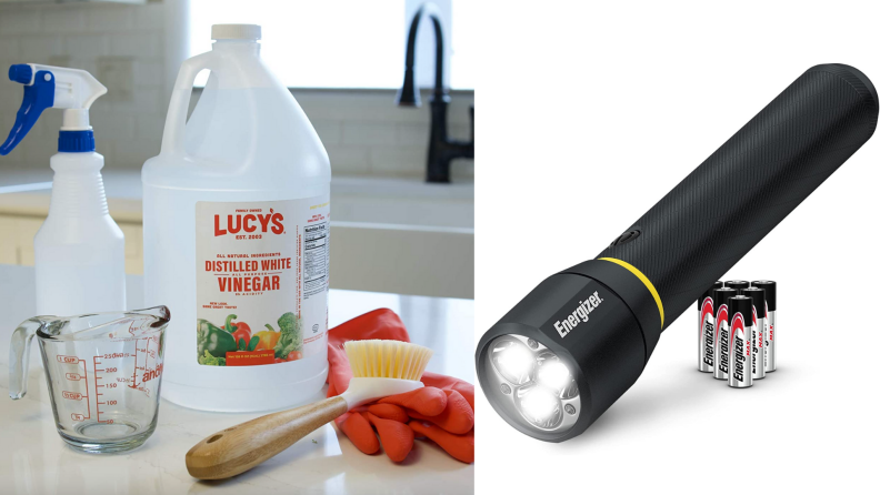 On left, large bottle of white vinegar next to empty bottle, scrub brush, measuring cup, and rubber gloves. On right, large black flash light next to batteries.