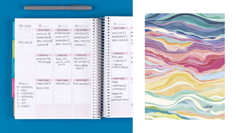 An image of a 12-month planner opened to a page of tasks, as well as the planner's cover in rainbow pattern.