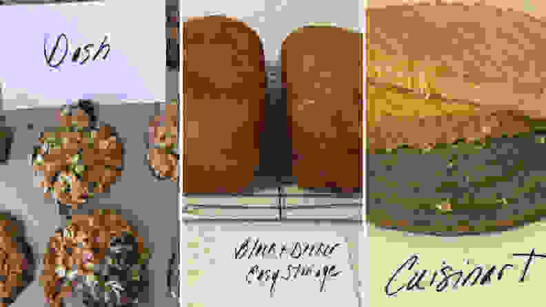 Left: tin of fresh muffins. Center: two loaves of bread. Right: two halves of corn bread