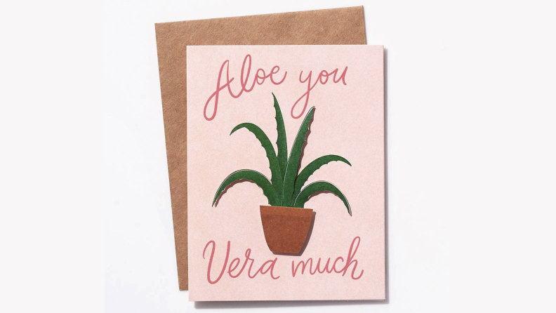A greeting-card illustration features a potted aloe vera plant. "Aloe you vera much," it reads.