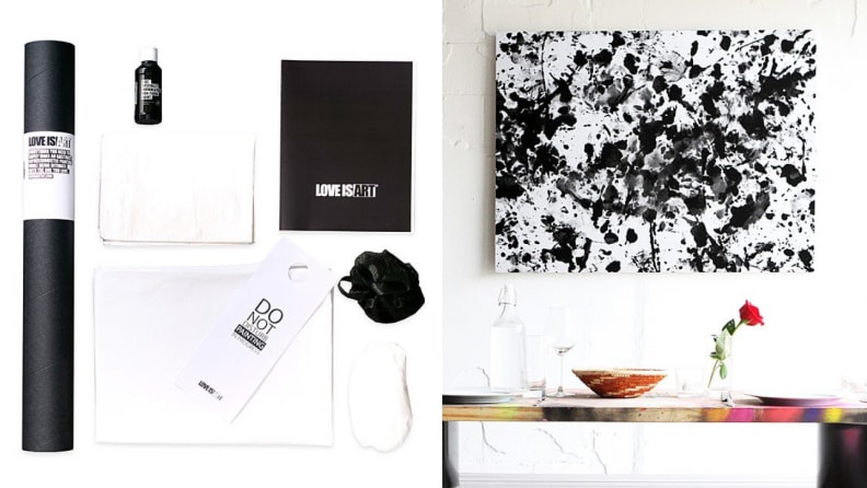 Left: canvas and black packaging Right: Black and white painted canvas mounted on white wall