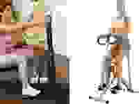 left: woman using db method squat machine right: woman using sunny row-n-ride