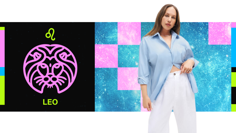 On the left is the symbol for Leo, and on the right is a model wearing an oversized blue button-up shirt.