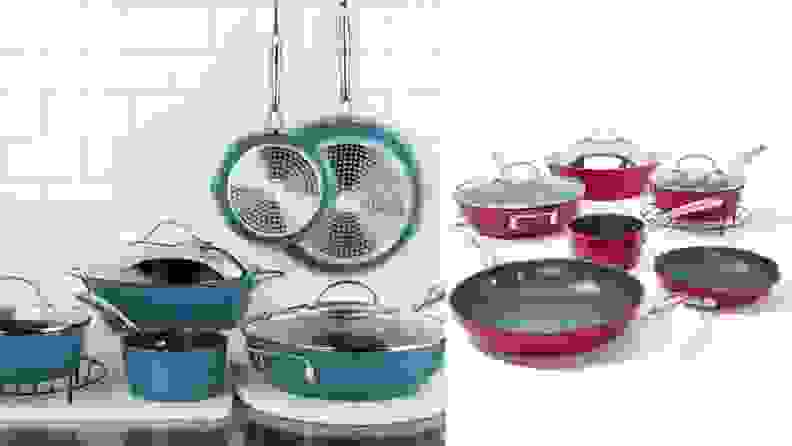 Cookware set in blue in tiled kitchen next to cookware set with pots and pans in red