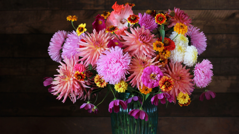 A bouquet of flowers sits in a vase.