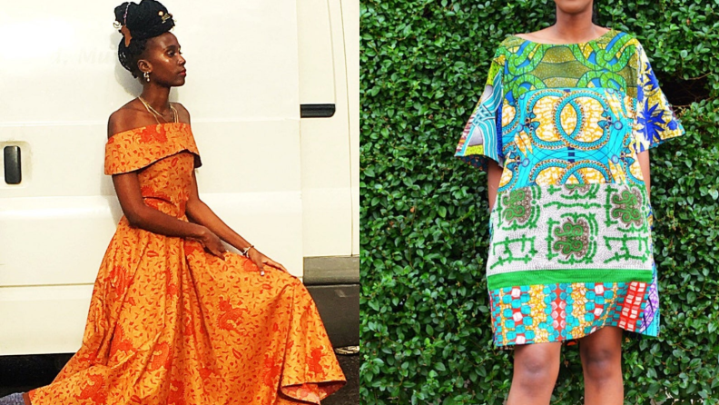 Two images of products from Sosomeshop including an orange patterned dress on a model and a shift dress in blue and green on another model.