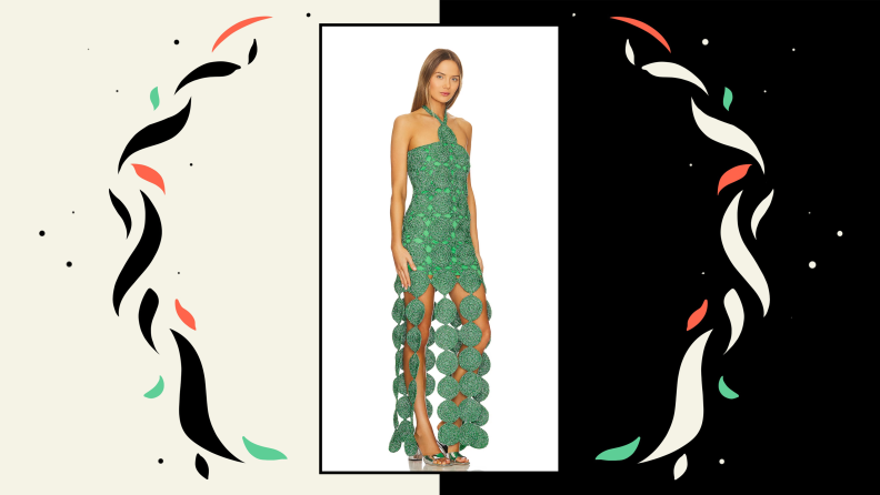 A model wearing a woven gown that features long, swinging circular fringe.