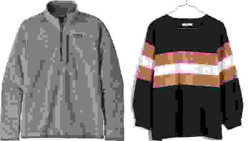 On left, gray fleece jacket. On right, navy, pink and white knit sweater