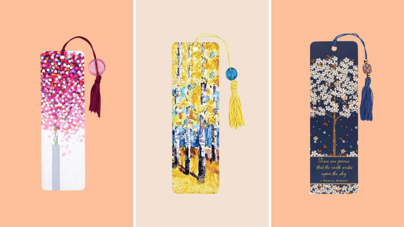 Side-by-side image of a pink and white Lollipop Tree bookmark, a yellow and blue White Aspens bookmark, and a blue and white Falling Blossoms bookmark from Peter Pauper Press.