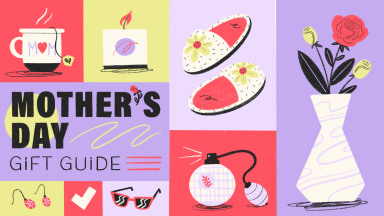 Graphic illustration in purple and pink that says Mother's Day Gift Guide