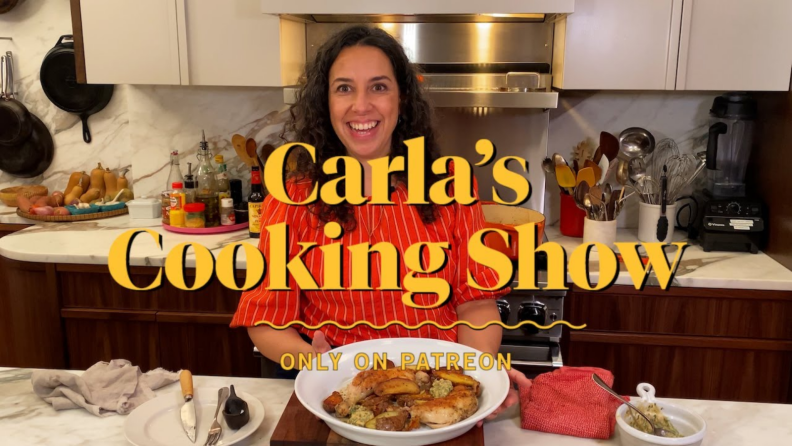 A title card from Carla's Cooking Show featuring Carla in her kitchen.