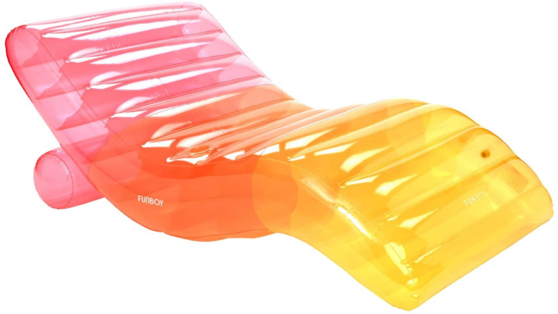 A pink and yellow pool float against a white background.