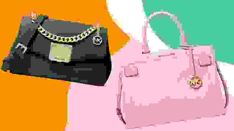 A green and a pink Michael Kors handbag against a colorful background.