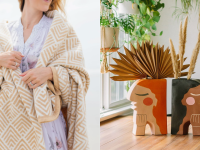 Left: women wrapped up in tan pattered ChappyWrap blanket, right: book ends designed as two women by Justina Blakeney Home