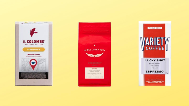 Three bags of medium roast coffee on top of a light yellow background.