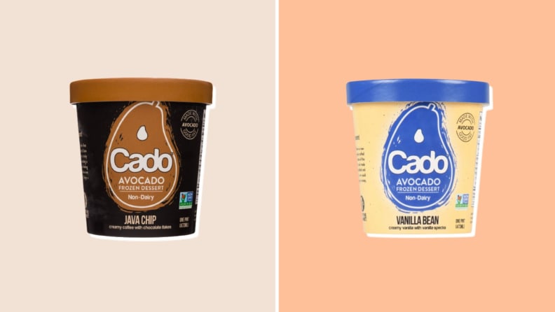 Two pints of dairy free ice cream from Cado side by side.