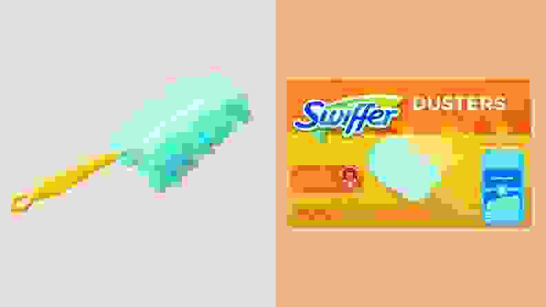 A Swiffer duster and a box of Swiffer pads.