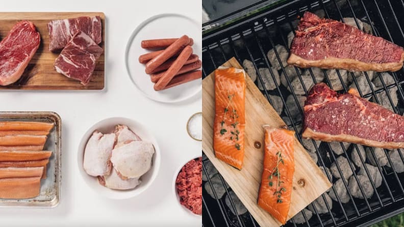 On left, uncooked salmon, steak, beef, chicken and hot dog links in respective containers. On left, On right, raw salmon filets and NY strip steaks on wire rack above coals inside of grill.