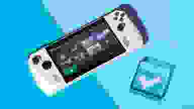 A white handheld gaming console surrounded by a steam deck and wireless controller