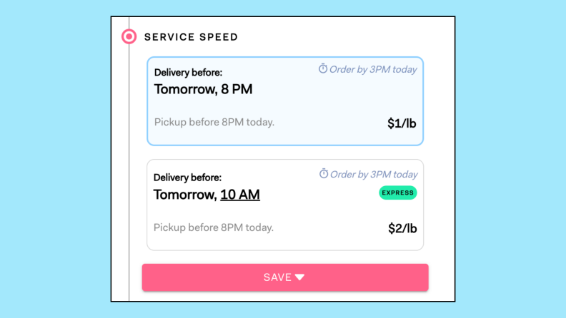 A screenshot of service speed options from Poplin on a blue background.