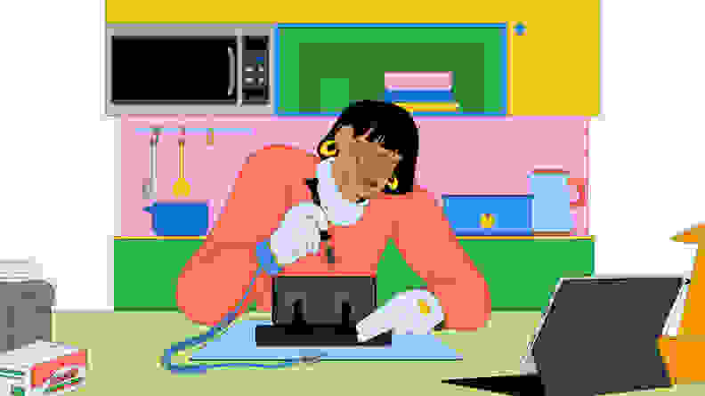 An illustration of a person repairing an Apple iPhone