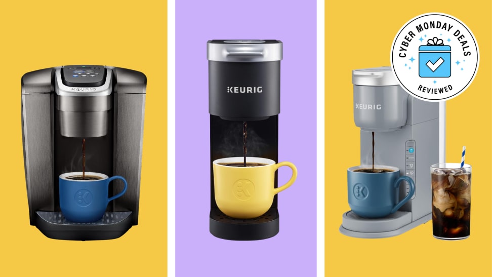 Three Keurig coffee machines brewing cups of coffee side by side, laid out on a colorful background