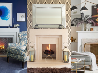 Three photos of stylishly designed living room fireplaces.