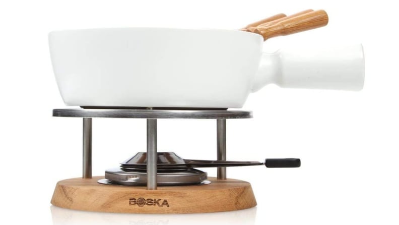Boska crafts cheesemaker-approved fondue sets, cheese knives, and more. Pictured is a close-up of their one-liter fondue pot.