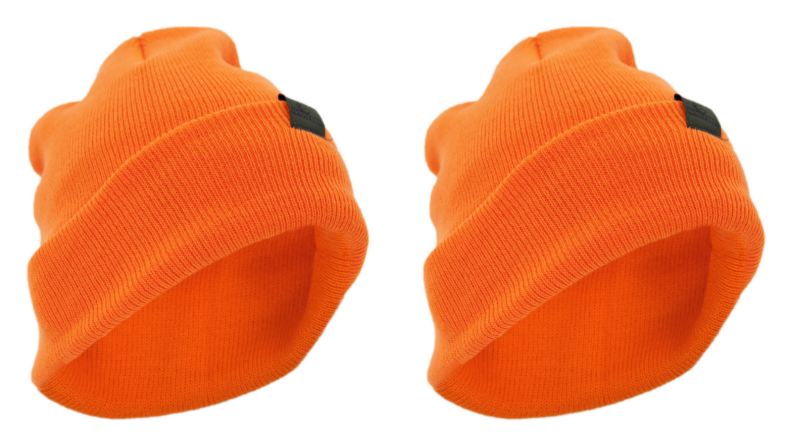 Side-by-side images of an orange beanie