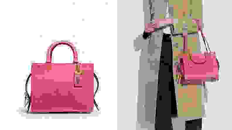 An image of the pink, Disney engraved Pink Rogue bag from Disney x Coach