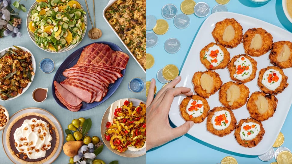 On left, a holiday meal with sliced ham and side dishes. On right, a plate of latkes on a blue background.