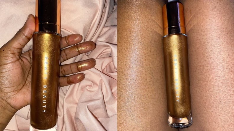 On the left: The author's hand after using the Fenty Beauty Body Lava. On the right: The Body Lava bottle laying on the author's legs.