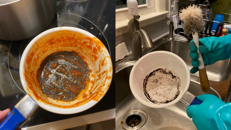 Before and after photographs of a dirty pot and the cleaned-up results.