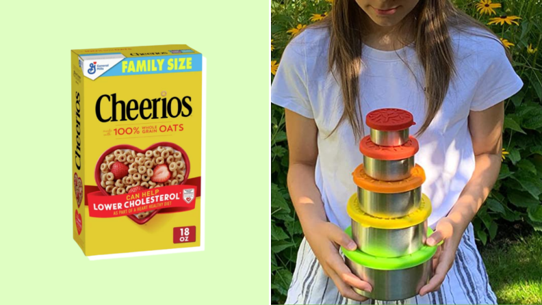 On left, box of General Mills Cheerios. On right, person holding multi-colored stack of containers.