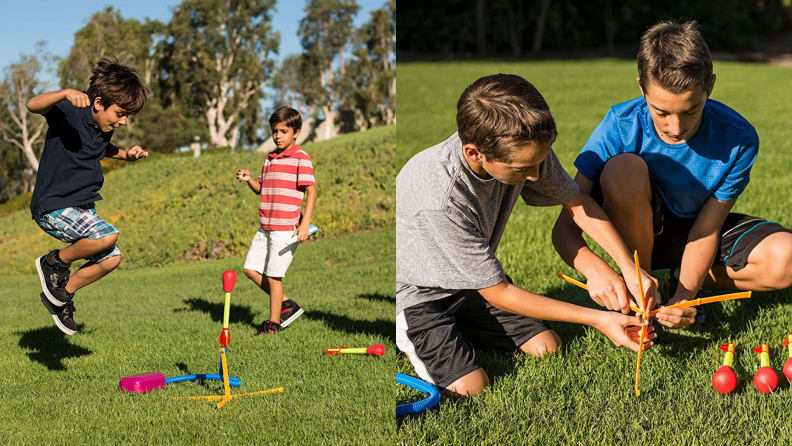 Two children play with a Stomp Rocket outside.