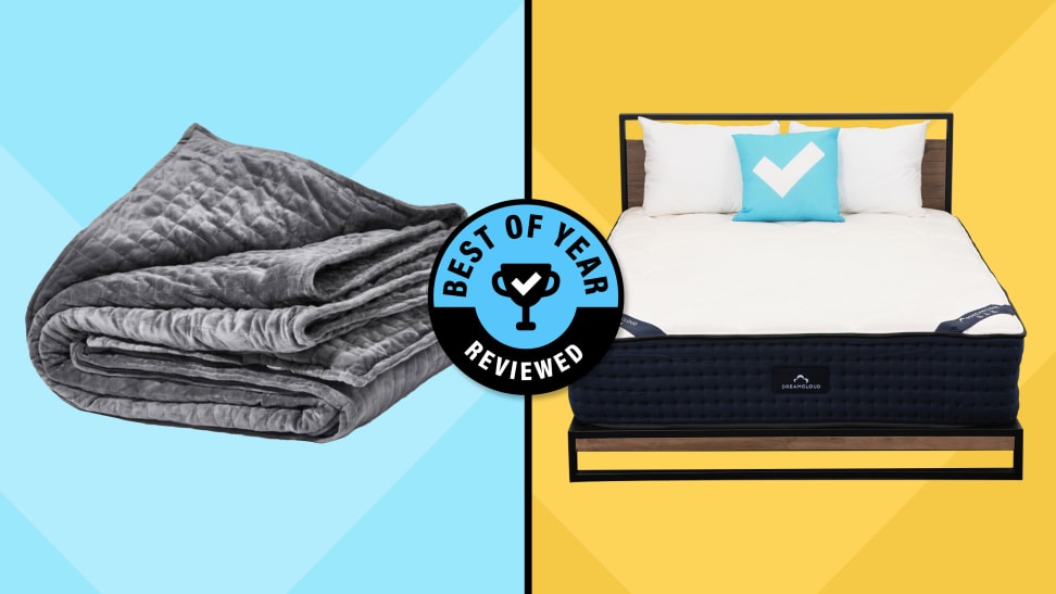 Side-by-side image of the Gravity Blanket in gray and a bed with a white DreamCloud mattress with Reviewed's Best of Year logo in the center.