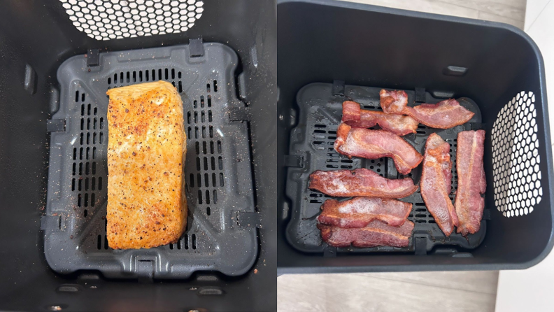 Side-by-side- photos of cooked salmon and bacon in an air fryer basket.