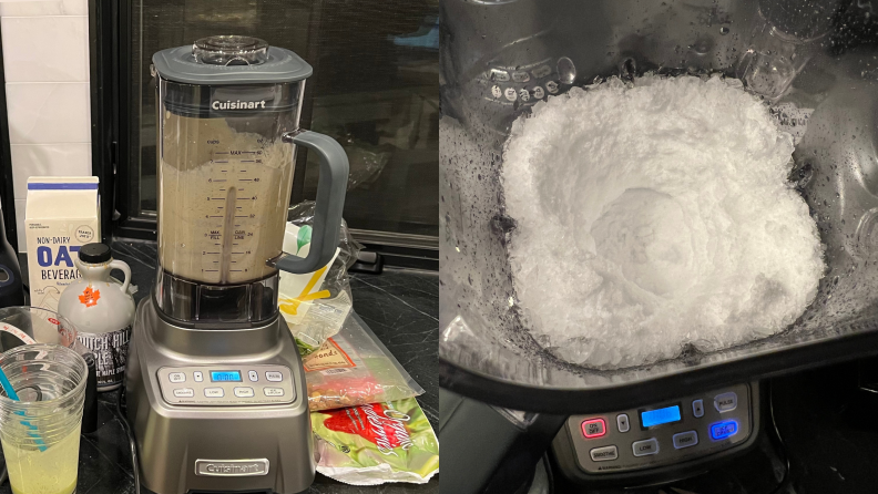 左:Cuisinart飓风充满smoo搅拌机thie and surrounded by smoothie ingredients. Right: Pulverized ice inside of the blender.