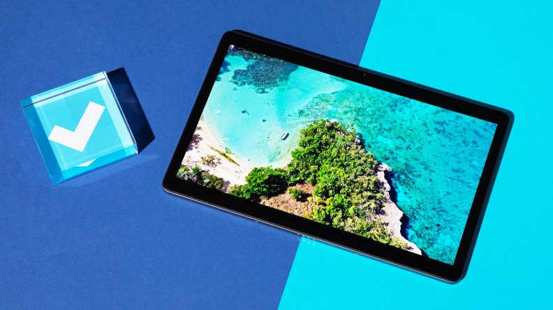 The Lenovo Tab P11 Pro 2 showing an aerial view of a tropical coastline.