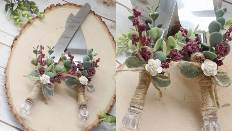 Wooden circular cutting boards with knives on top.