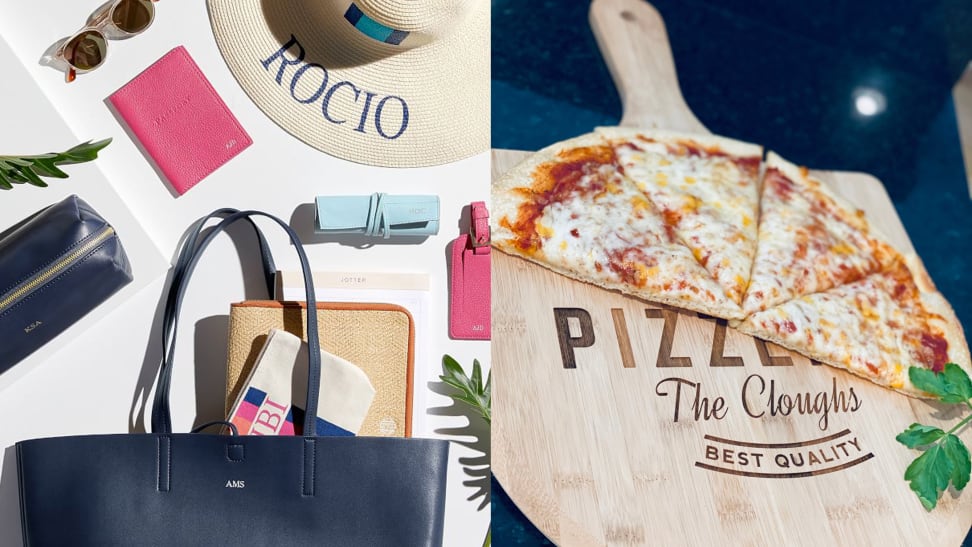 Personalized travel items / Pizza stone with half a pizza on it