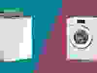 A top-load washer and a front load washer float in a colorful void. The void is split between two colors, with a bluish hue behind the top-loader and a purple background behind the front-loader.