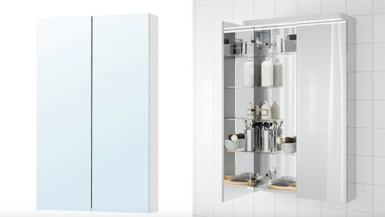 Two images (closed and then open) show a stylish mirror cabinet that holds most of your bathroom necessities.